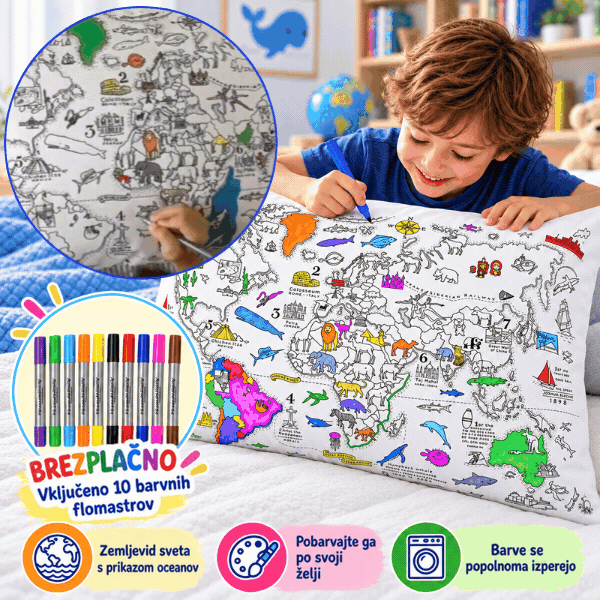 Vybarvi si polštář – mapa světa, ColoringPillow